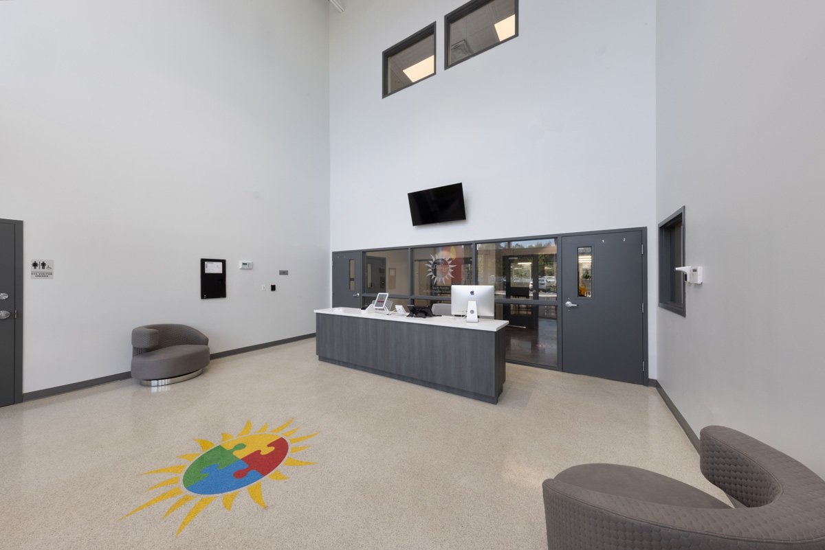 Interior design view of the lobby at the South Florida Autism Charter School  in Miami FL. 